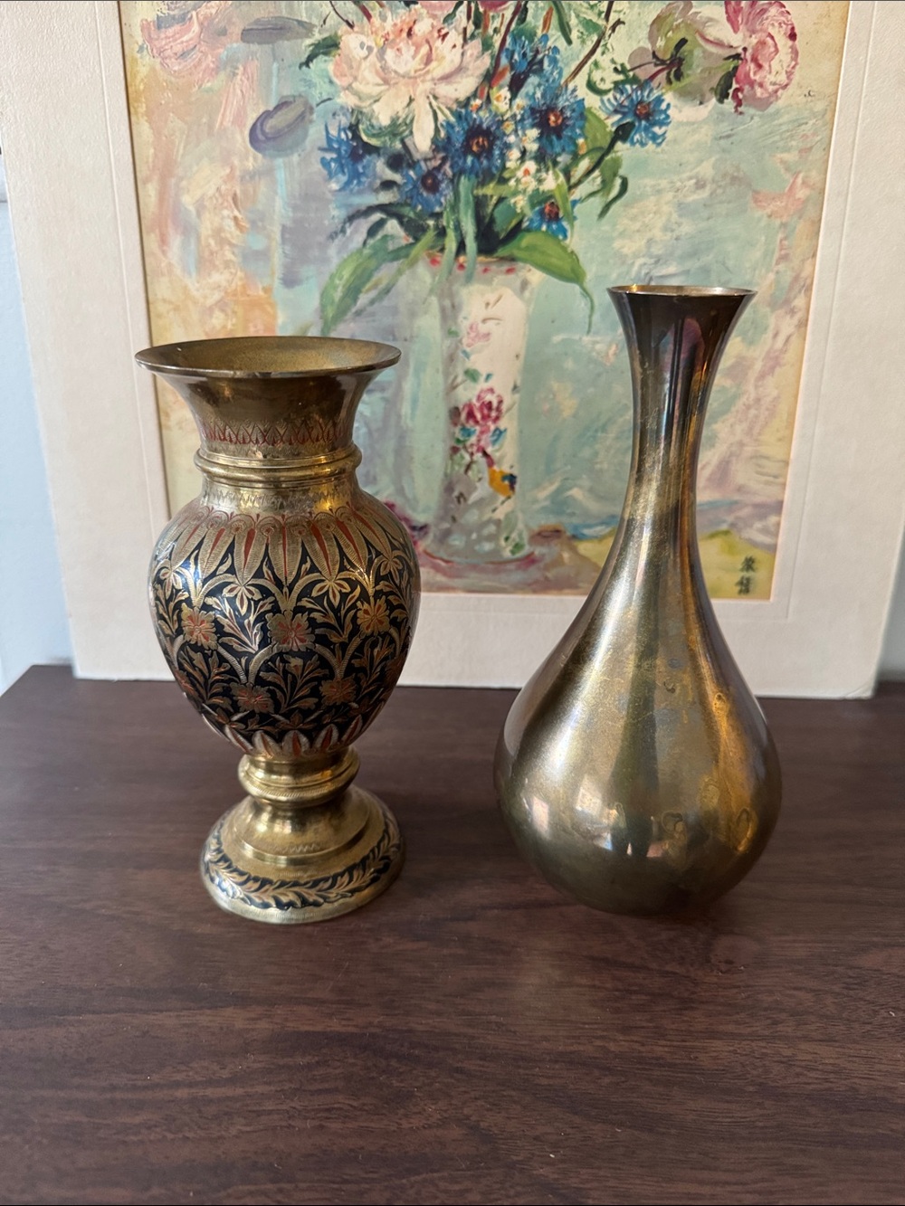 Vintage Brass Vase Set β’ Etched Kashmiri Niello & Sleek Mid Century Bud Vase Pai
